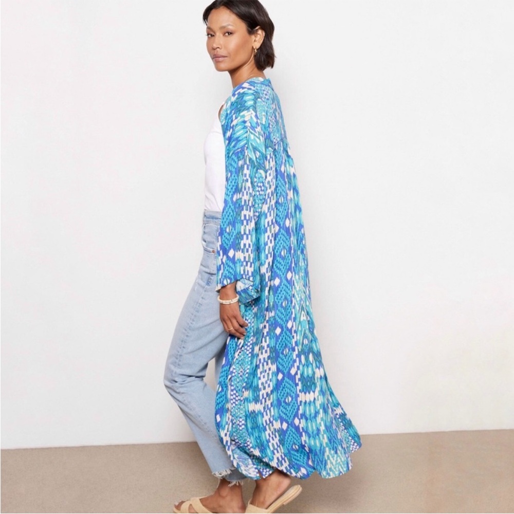 BOGO! Evereve Sienna Blue Geometric Longline Wrap Kimono Ikat Blue Small